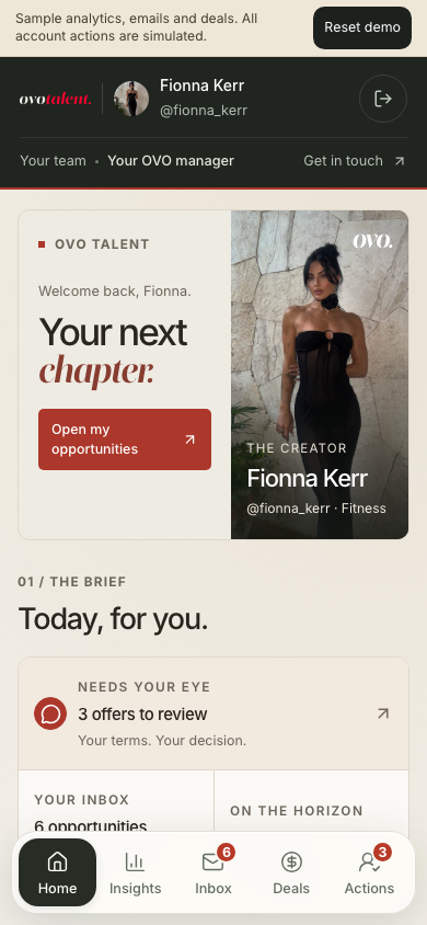 Creator OS Home preview with Fionna's personal brief and brand inbox
